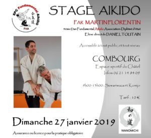Flyer présentant une prise main nues de deux aïkidoka pour présentation du stage de Combourg le 27 janvier 2019