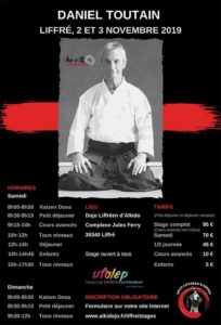 Affiche qui présente le contenu du stage d'aikido animé par Daniel Toutain à Liffré.
